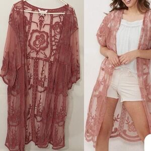 Lauren Conrad Dusty Rose Floral Embroidered Kimono Cover-up OS